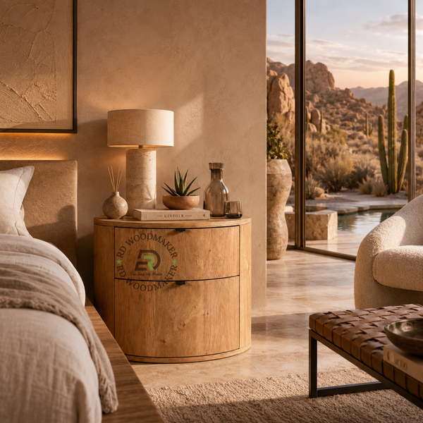 MODERN ROUND SOLID WOOD BEDSIDE TABLE WITH DRAWER STORAGE