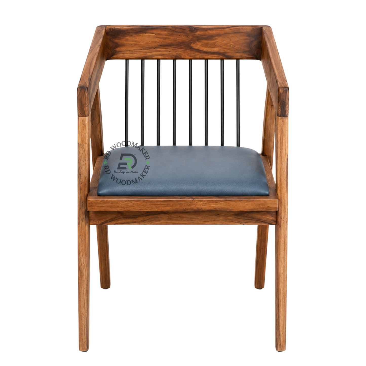 PREMIUM SOLID WOOD ARMCHAIR WITH METAL SPINDLE BACK & GREY CUSHION