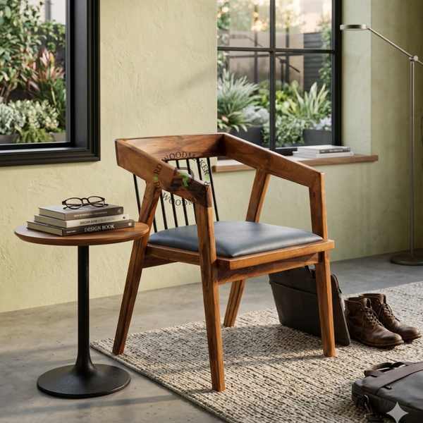 PREMIUM SOLID WOOD ARMCHAIR WITH METAL SPINDLE BACK & GREY CUSHION