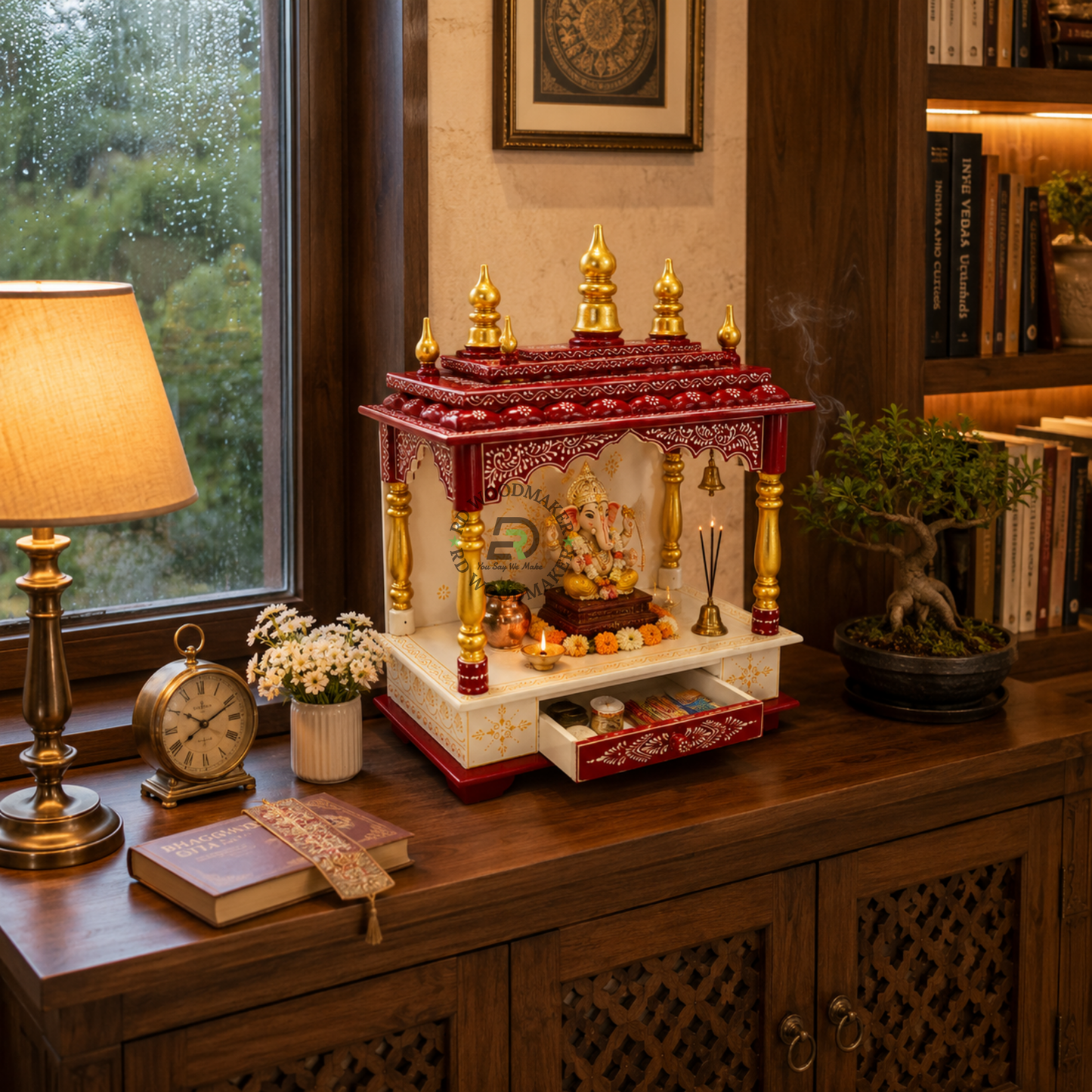 PREMIUM SMALL IVORY & RED WOODEN HOME TEMPLE WITH OPEN SHRINE & DOUBLE DRAWERS