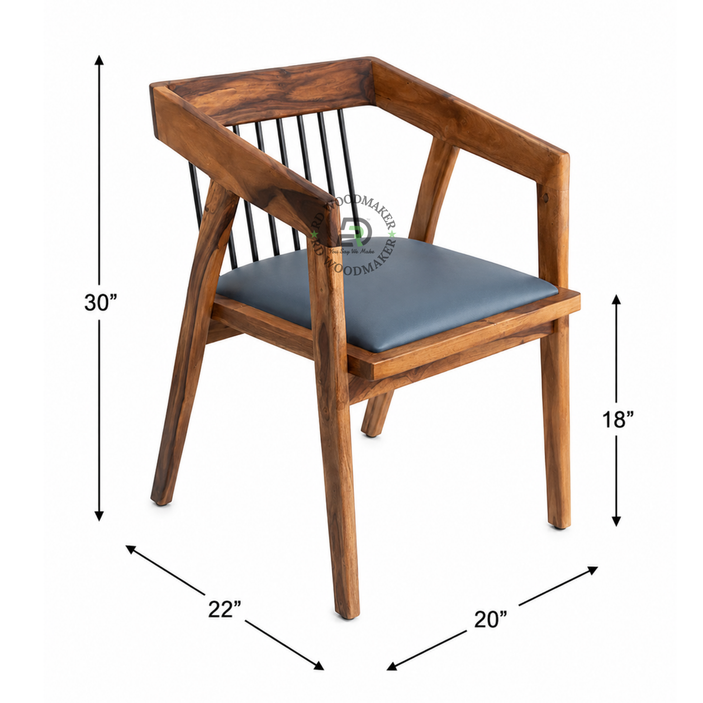PREMIUM SOLID WOOD ARMCHAIR WITH METAL SPINDLE BACK & GREY CUSHION