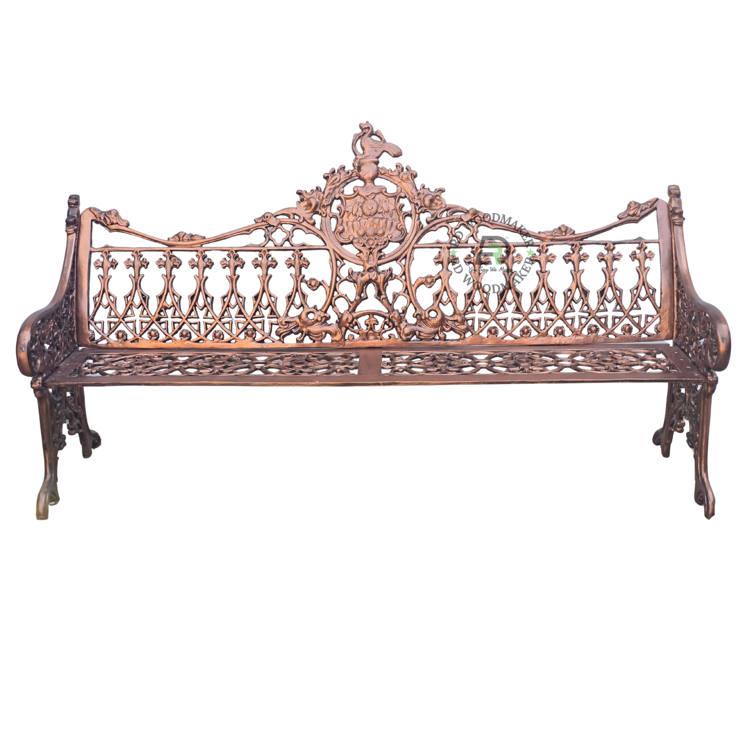 ROYAL PEACOCK FLORAL CAST METAL GARDEN BENCH IN ANTIQUE COPPER FINISH