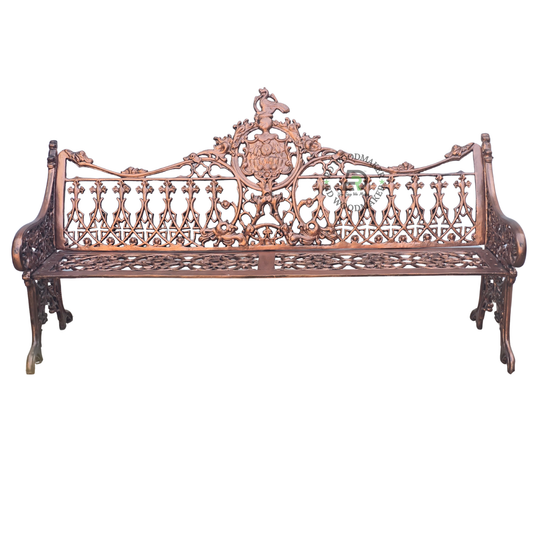 ROYAL PEACOCK FLORAL CAST METAL GARDEN BENCH IN ANTIQUE COPPER FINISH