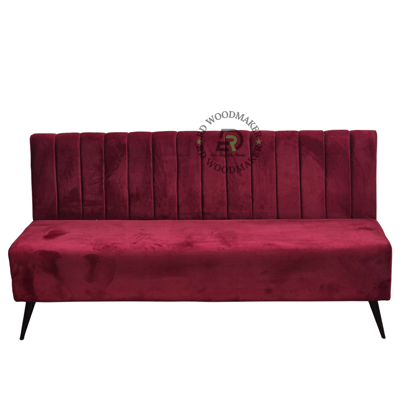 LUXURY BURGUNDY CHANNEL-TUFTED THREE-SEATER SOFA WITH BLACK METAL LEGS