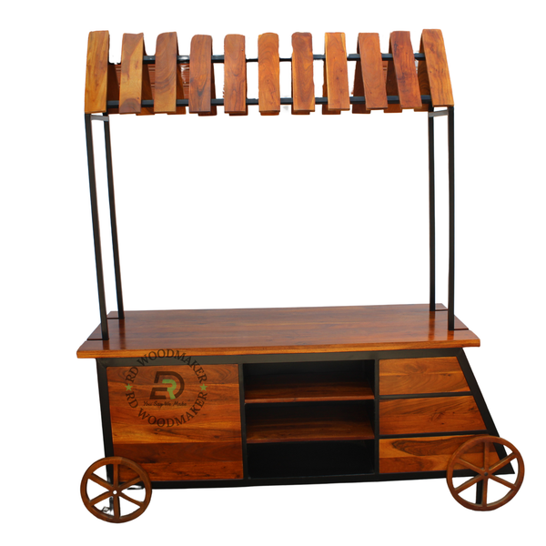 VINTAGE WOODEN MARKET CART WITH CANOPY, STORAGE & DECORATIVE WHEELS