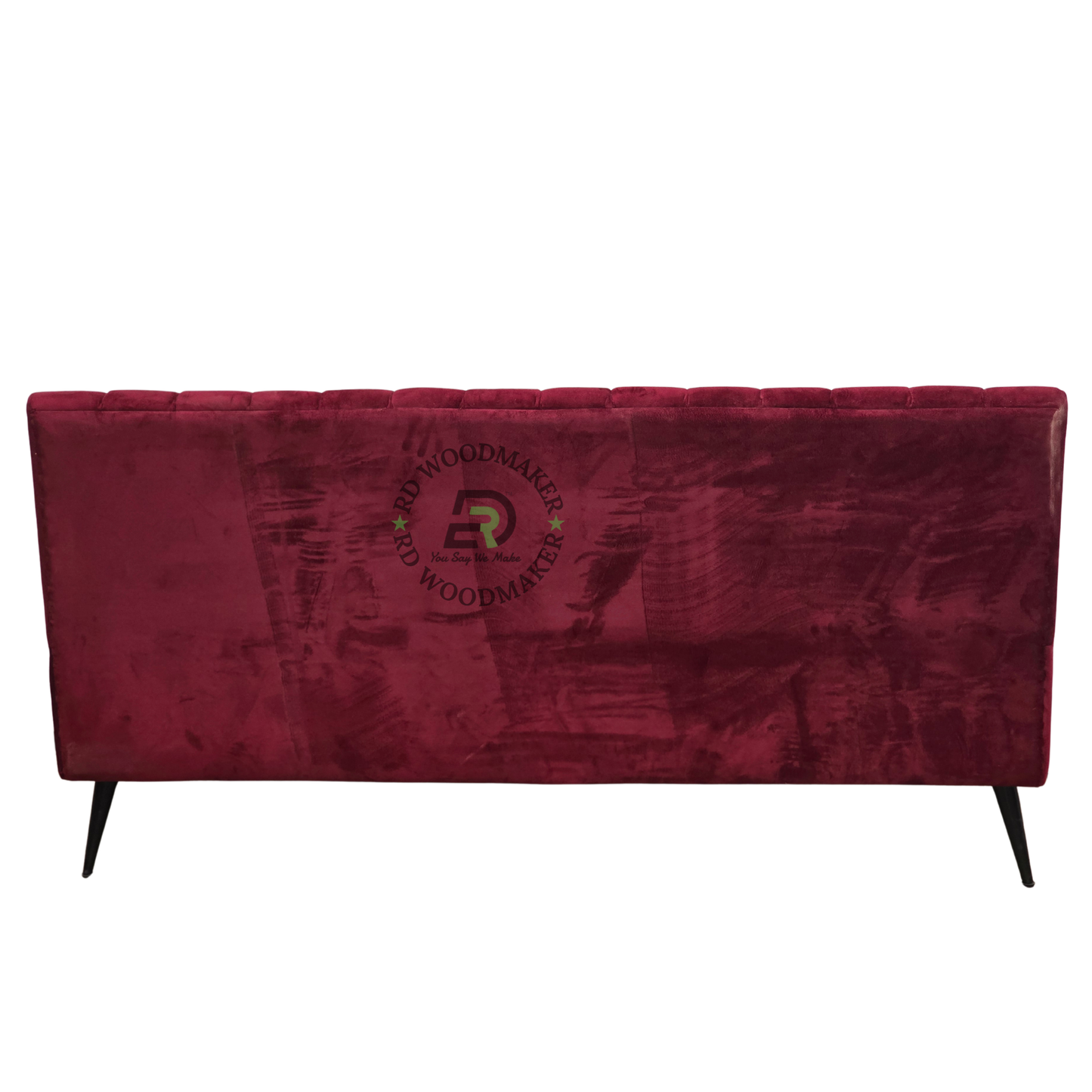 LUXURY BURGUNDY CHANNEL-TUFTED THREE-SEATER SOFA WITH BLACK METAL LEGS