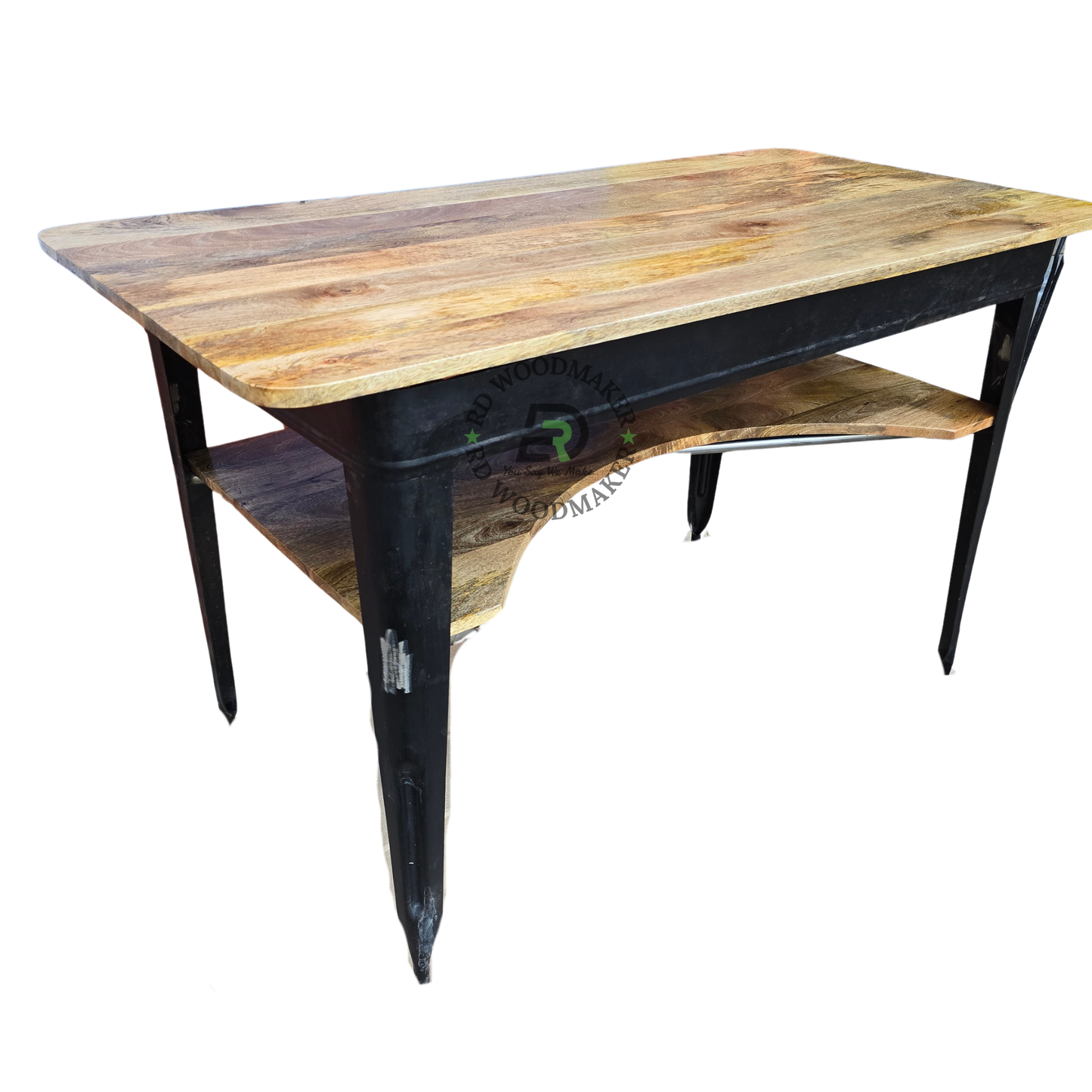 INDUSTRIAL WOODEN DINING TABLE WITH LOWER DISPLAY SHELF