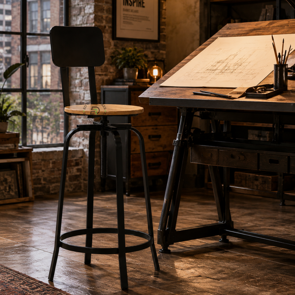 PREMIUM INDUSTRIAL ADJUSTABLE WOODEN BAR STOOL WITH BACKREST