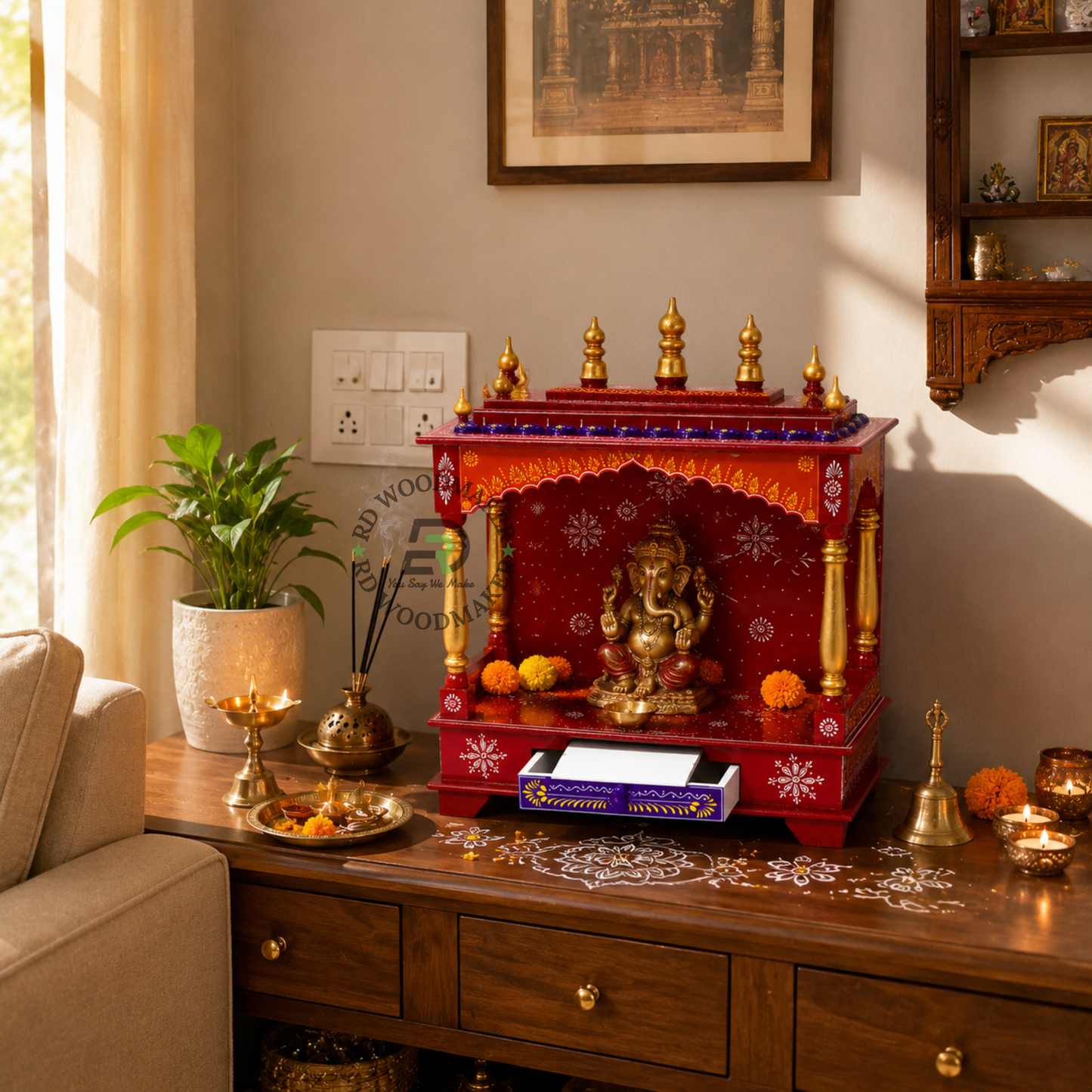 PREMIUM HAND-PAINTED RED WOODEN HOME TEMPLE WITH OPEN SHRINE & DOUBLE STORAGE DRAWERS