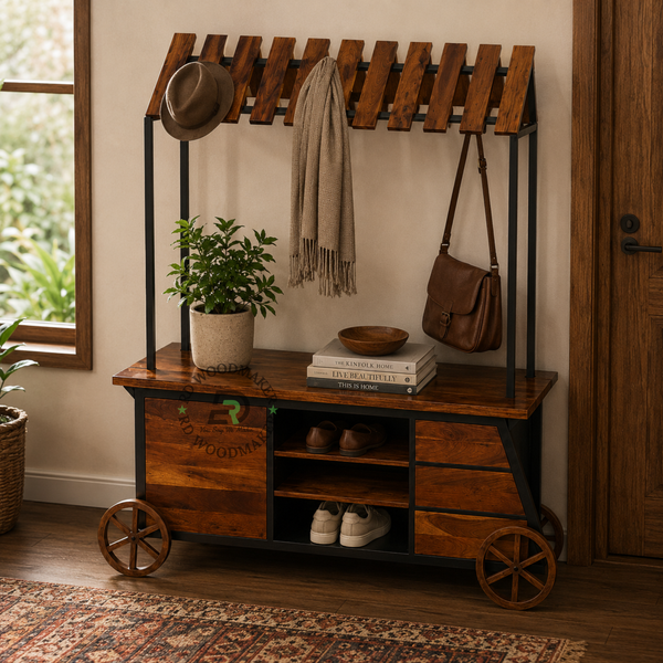 VINTAGE WOODEN MARKET CART WITH CANOPY, STORAGE & DECORATIVE WHEELS