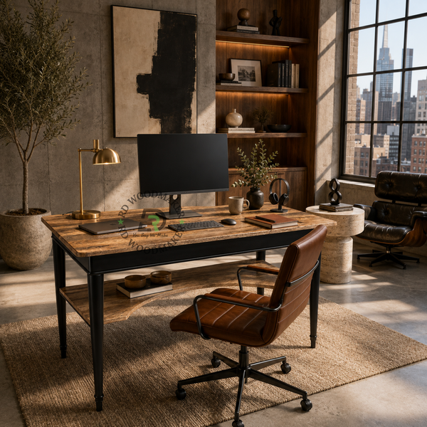 INDUSTRIAL WOODEN DINING TABLE WITH LOWER DISPLAY SHELF