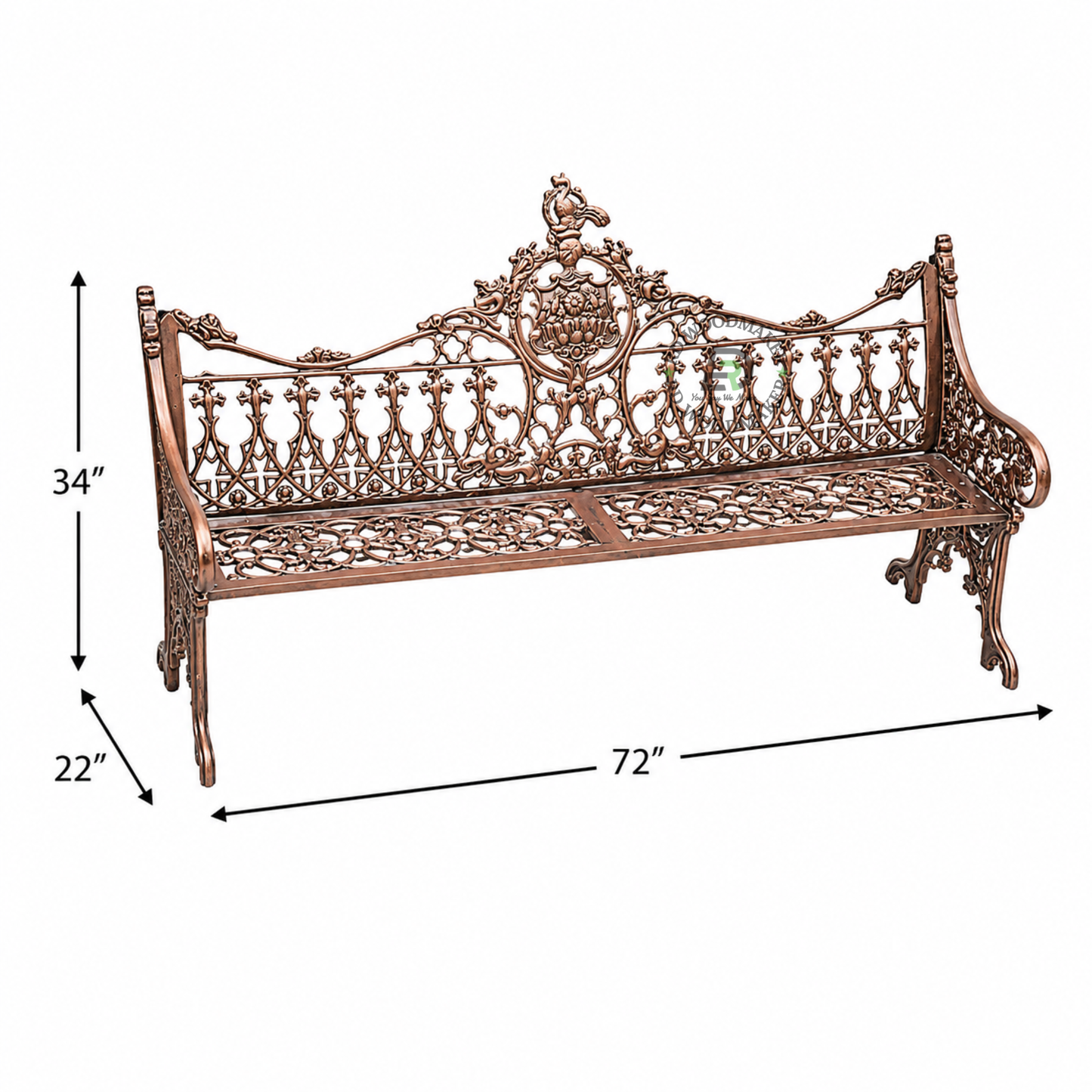 ROYAL PEACOCK FLORAL CAST METAL GARDEN BENCH IN ANTIQUE COPPER FINISH