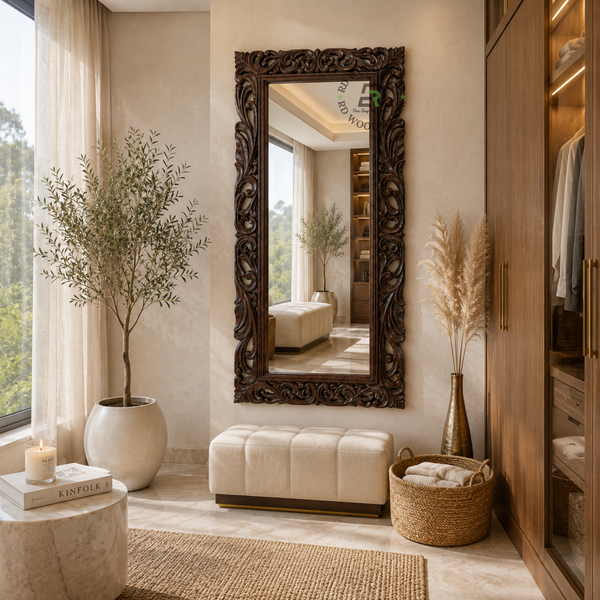 HANDCARVED OPENWORK FLORAL WOODEN WALL MIRROR