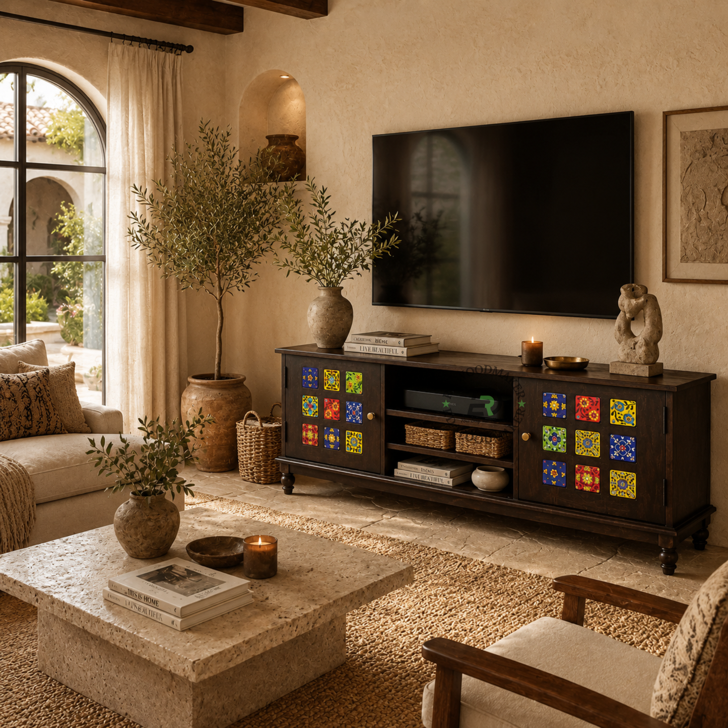 HANDCRAFTED TILE INLAY WOODEN MEDIA SIDEBOARD
