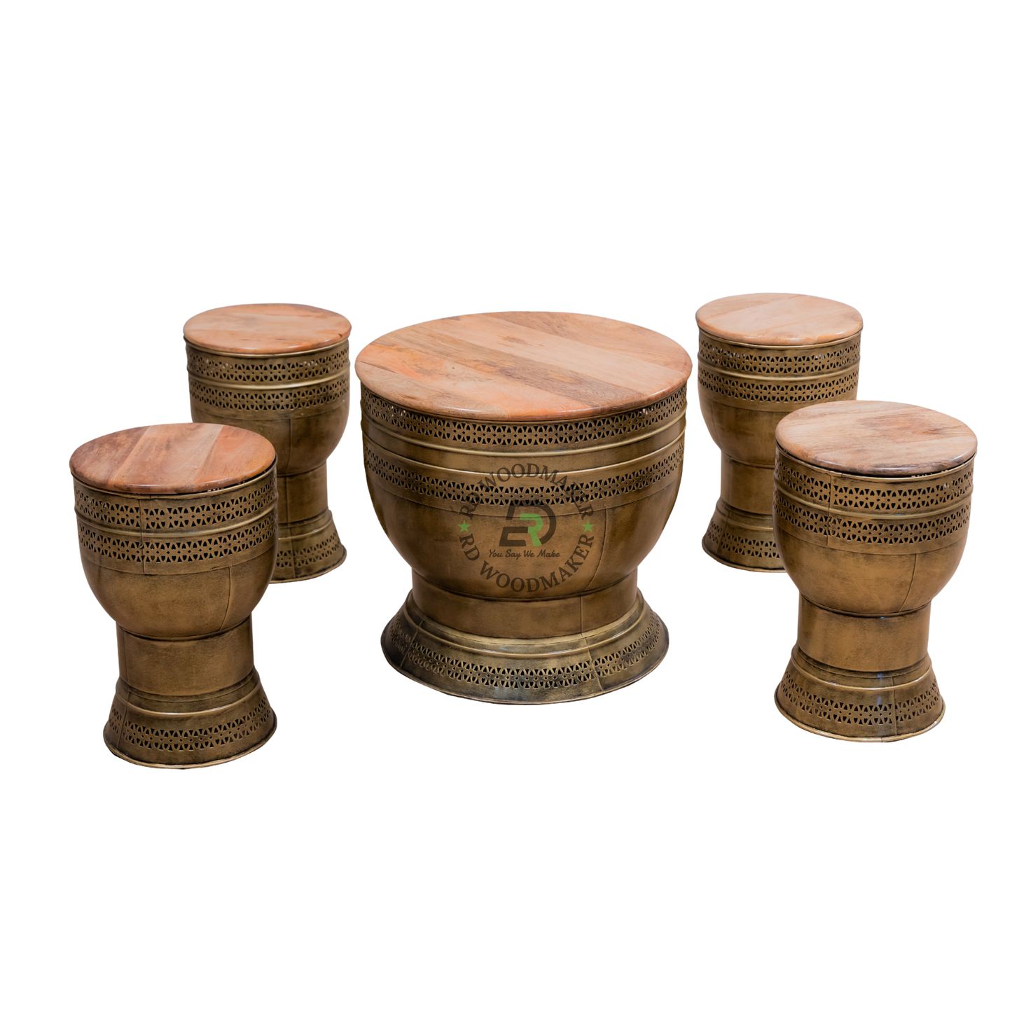 INDUSTRIAL METAL & SOLID WOOD COFFEE TABLE SET WITH STOOLS