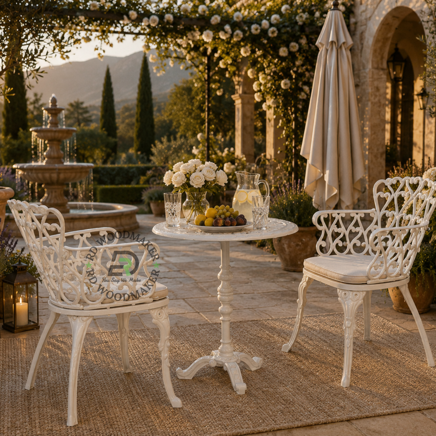 IVORY FLORAL METAL BISTRO TABLE & CHAIR SET