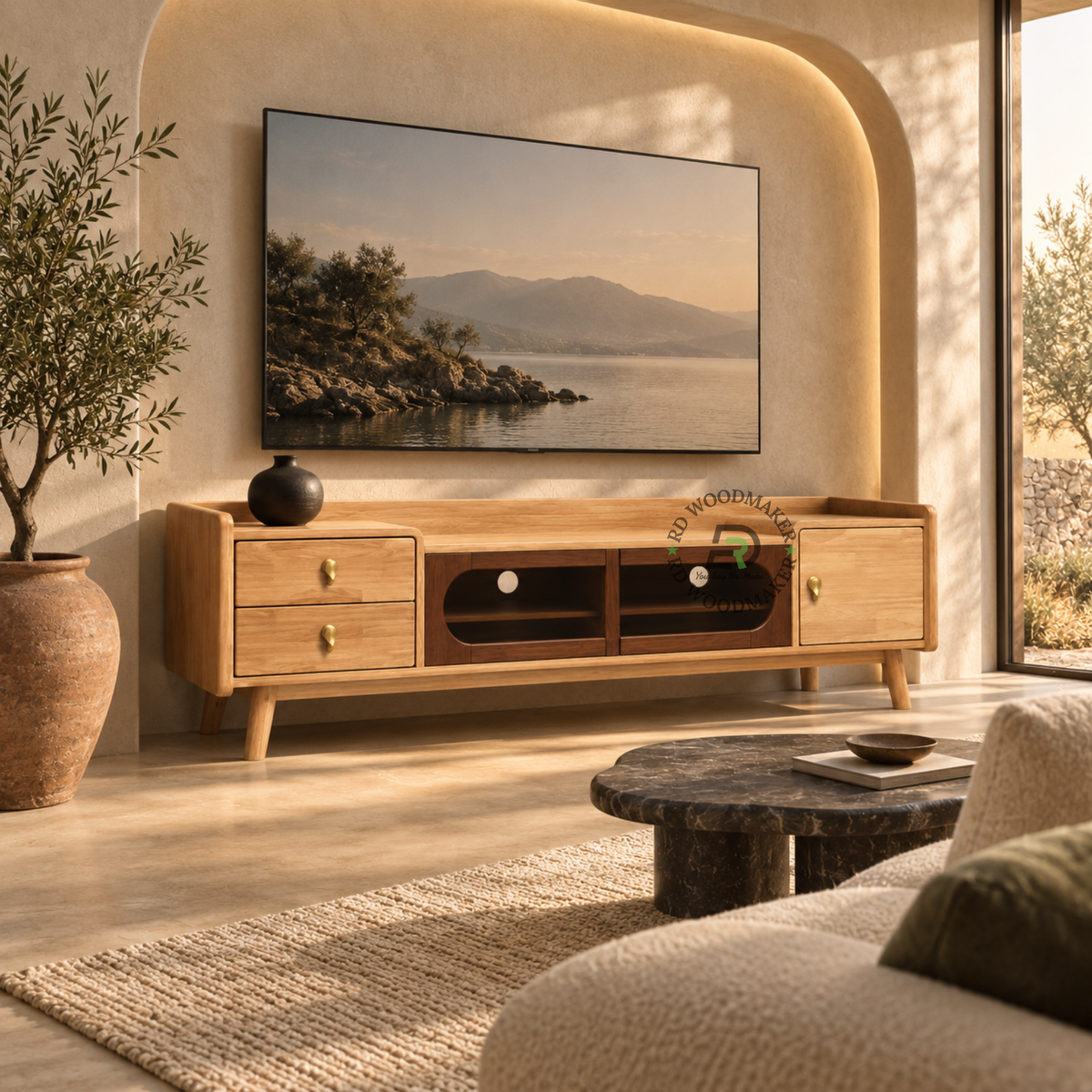 CELINE EXTRA-WIDE SOLID WOOD TV UNIT WITH GLASS MEDIA CABINETS