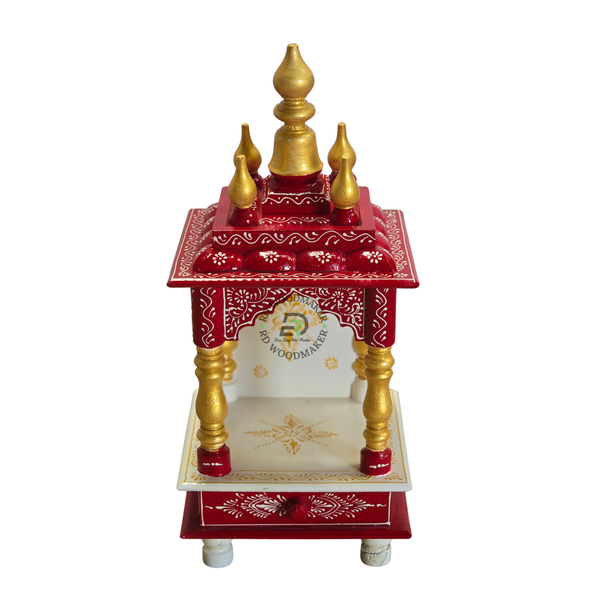 PREMIUM COMPACT HAND-PAINTED IVORY & RED WOODEN HOME TEMPLE WITH OPEN SHRINE & STORAGE DRAWER