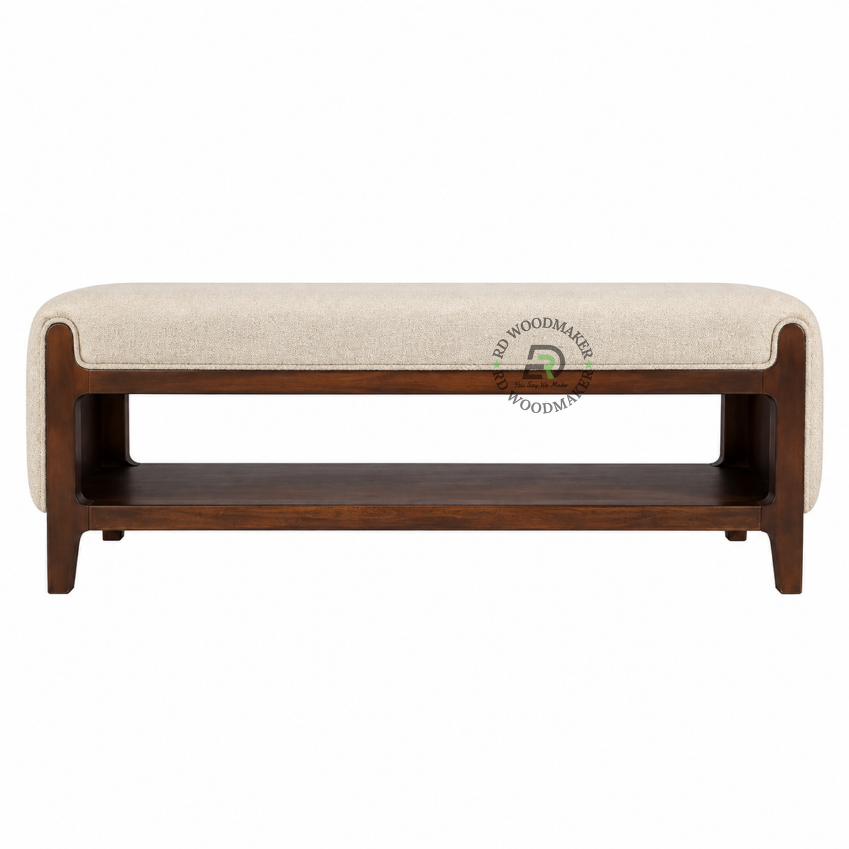 VELORA UPHOLSTERED SOLID WOOD BENCH WITH OPEN STORAGE SHELF