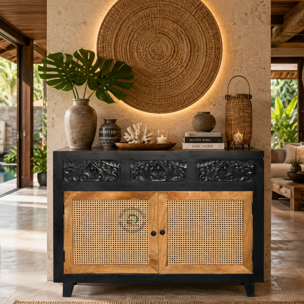 HANDCARVED RATTAN SOLID WOOD SIDEBOARD