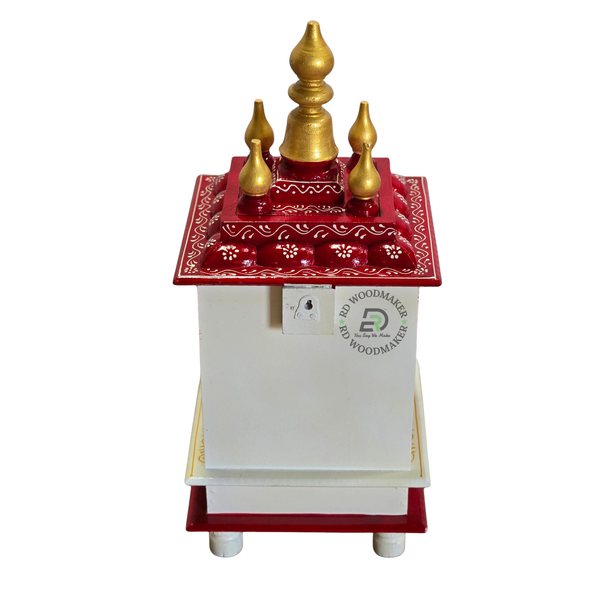 PREMIUM COMPACT HAND-PAINTED IVORY & RED WOODEN HOME TEMPLE WITH OPEN SHRINE & STORAGE DRAWER