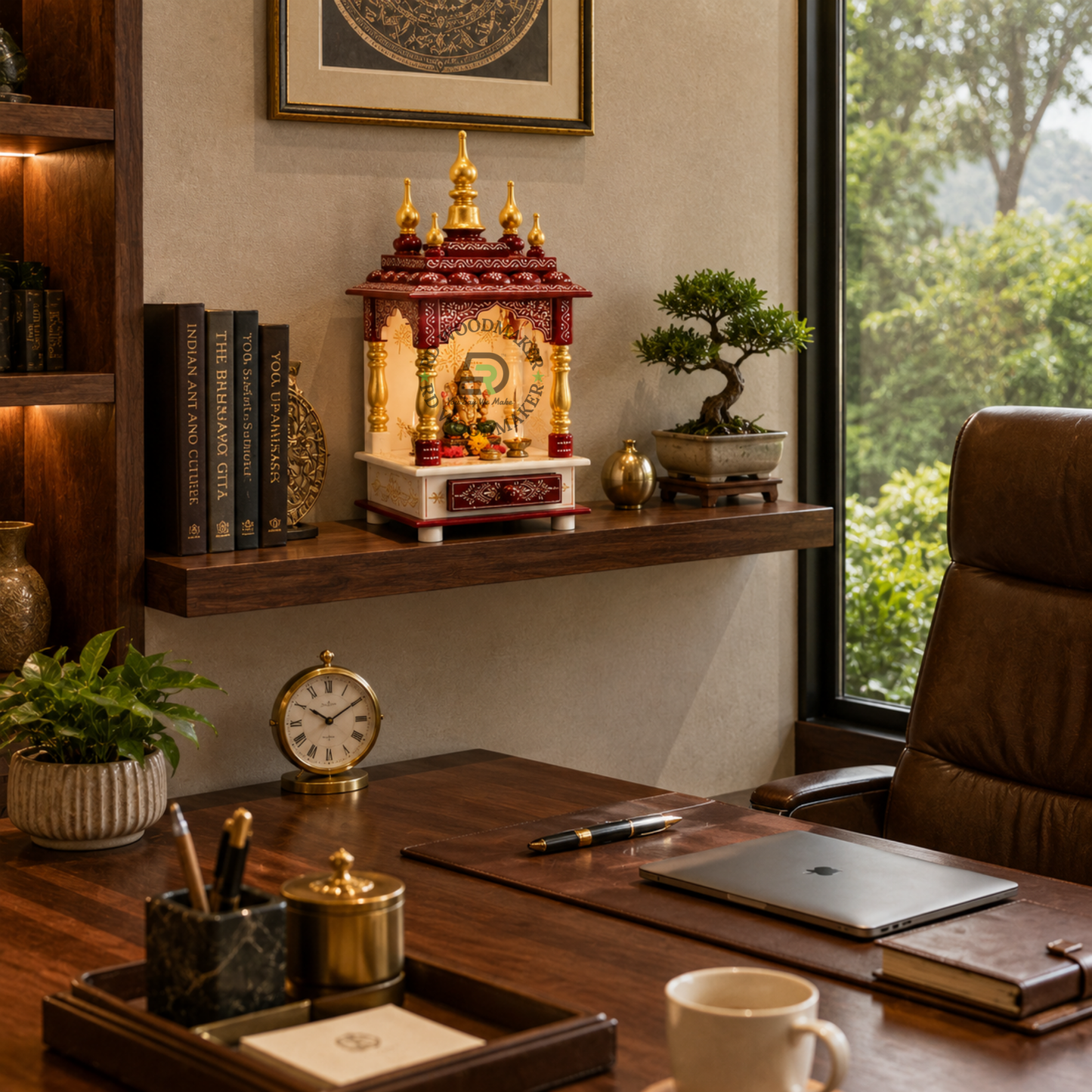 PREMIUM COMPACT HAND-PAINTED IVORY & RED WOODEN HOME TEMPLE WITH OPEN SHRINE & STORAGE DRAWER
