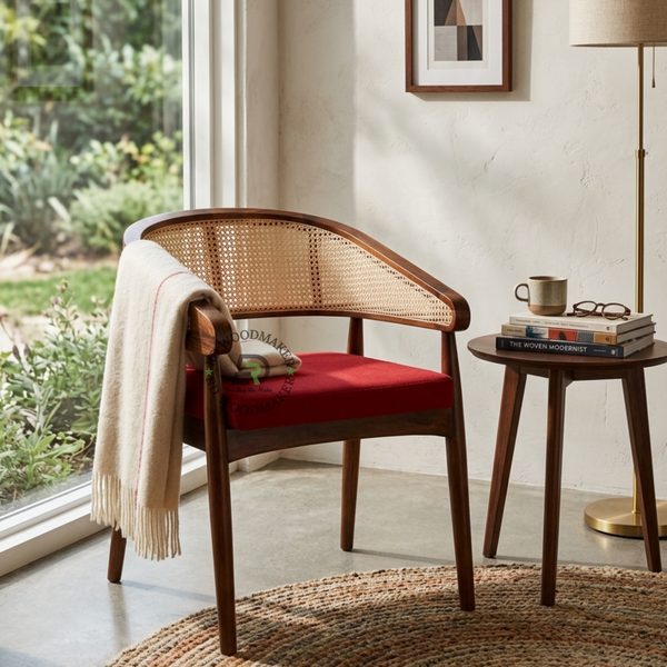 PREMIUM SOLID WOOD CANE WRAP ARMCHAIR WITH RED VELVET SEAT