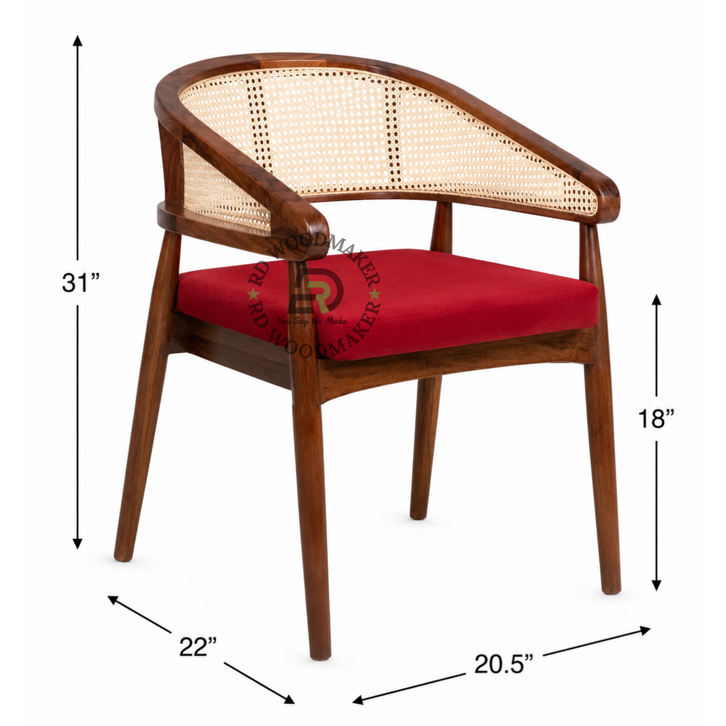 PREMIUM SOLID WOOD CANE WRAP ARMCHAIR WITH RED VELVET SEAT