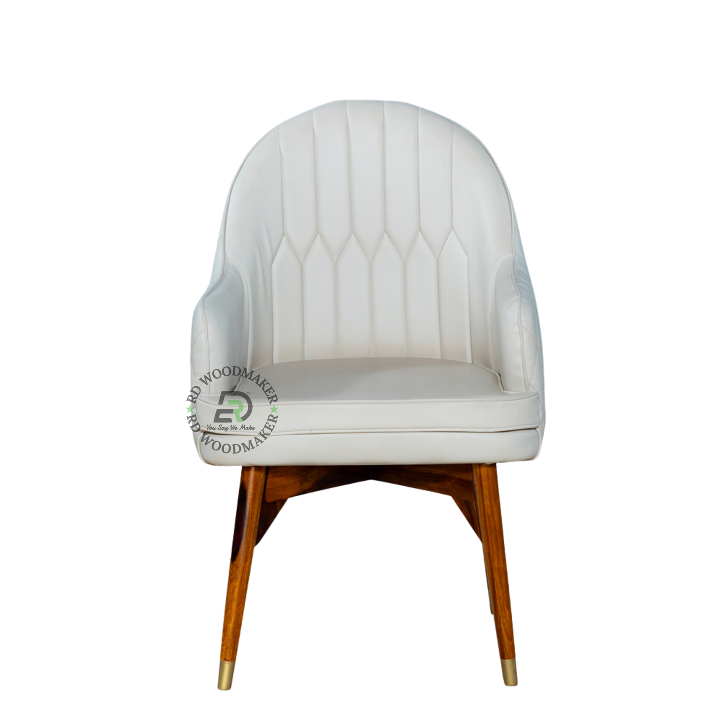 PREMIUM WHITE UPHOLSTERED ARMCHAIR WITH WOODEN LEGS & GOLD CAPS