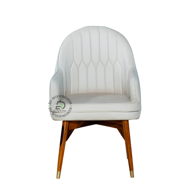 PREMIUM WHITE UPHOLSTERED ARMCHAIR WITH WOODEN LEGS & GOLD CAPS