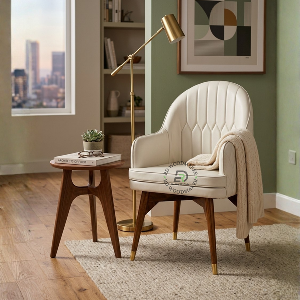 PREMIUM WHITE UPHOLSTERED ARMCHAIR WITH WOODEN LEGS & GOLD CAPS