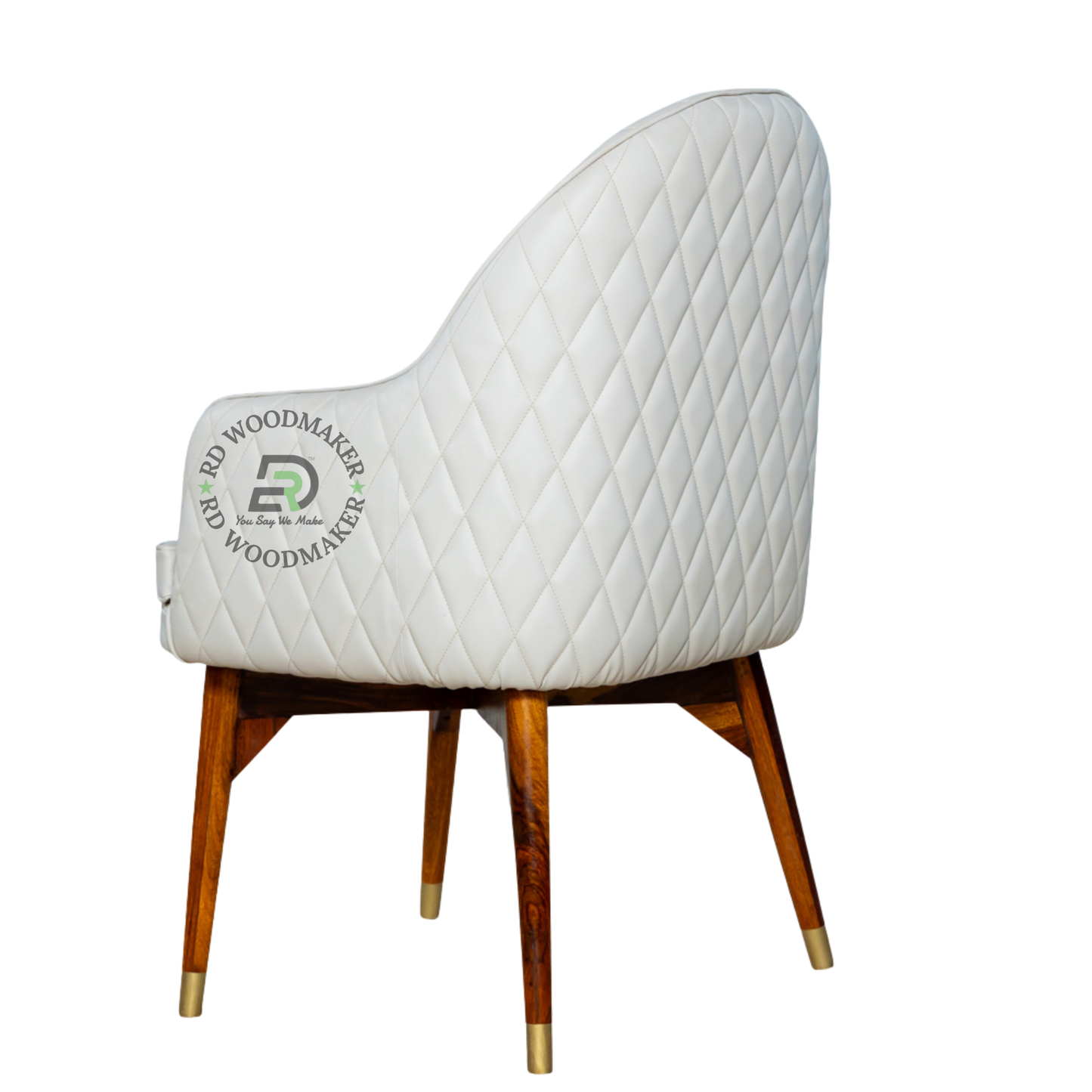 PREMIUM WHITE UPHOLSTERED ARMCHAIR WITH WOODEN LEGS & GOLD CAPS