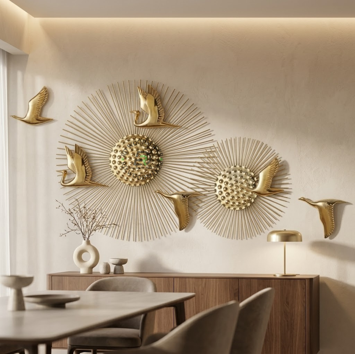 SERENITY GOLDEN CRANE SUNBURST WALL ART