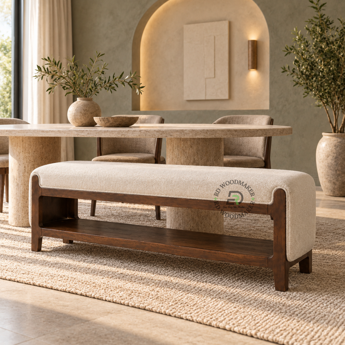 VELORA UPHOLSTERED SOLID WOOD BENCH WITH OPEN STORAGE SHELF
