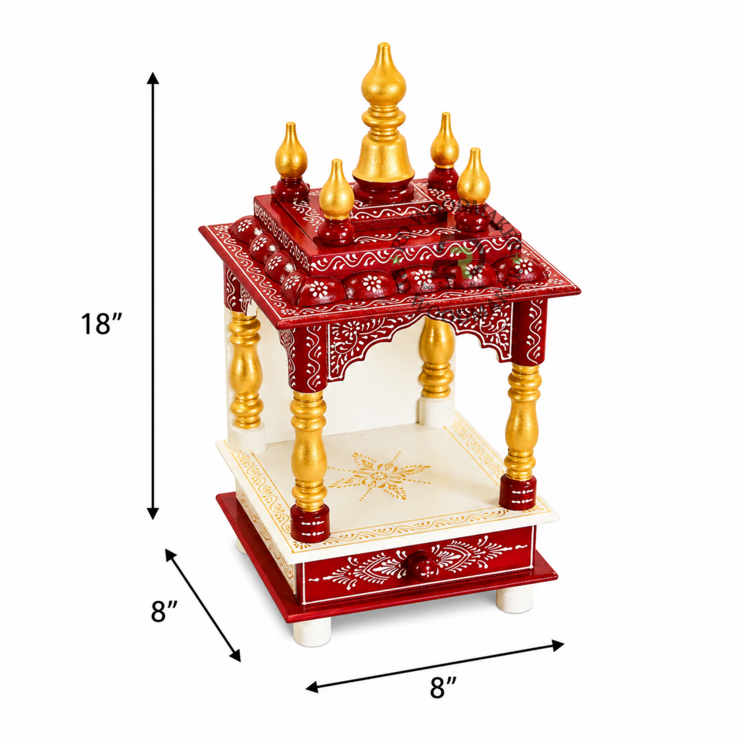 PREMIUM COMPACT HAND-PAINTED IVORY & RED WOODEN HOME TEMPLE WITH OPEN SHRINE & STORAGE DRAWER
