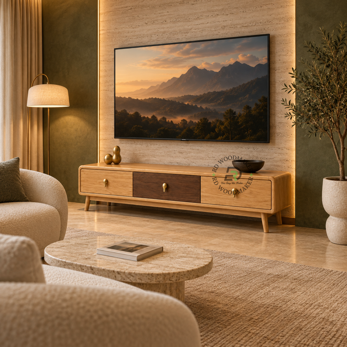 ALORA ROUNDED THREE-DRAWER SOLID WOOD TV UNIT