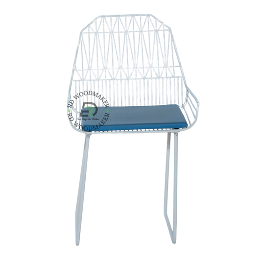 PREMIUM WHITE WIRE FRAME ARMCHAIR WITH BLUE CUSHION