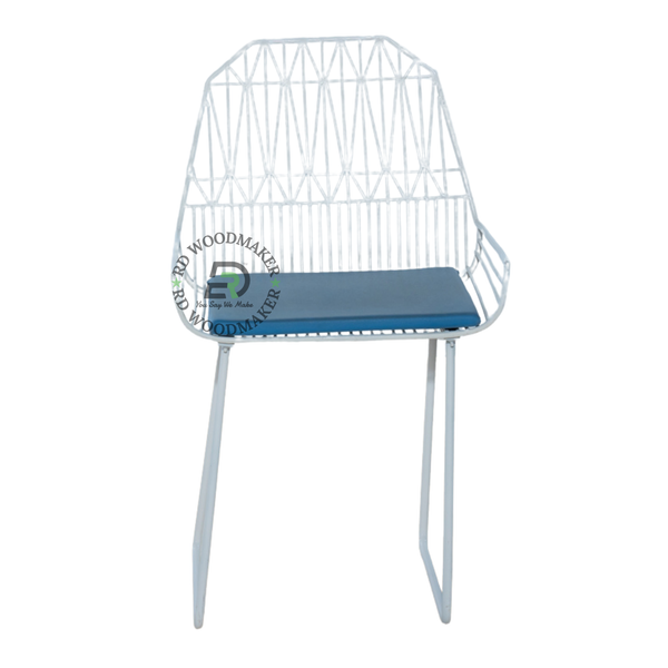 PREMIUM WHITE WIRE FRAME ARMCHAIR WITH BLUE CUSHION