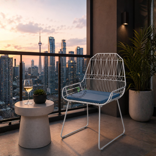 PREMIUM WHITE WIRE FRAME ARMCHAIR WITH BLUE CUSHION