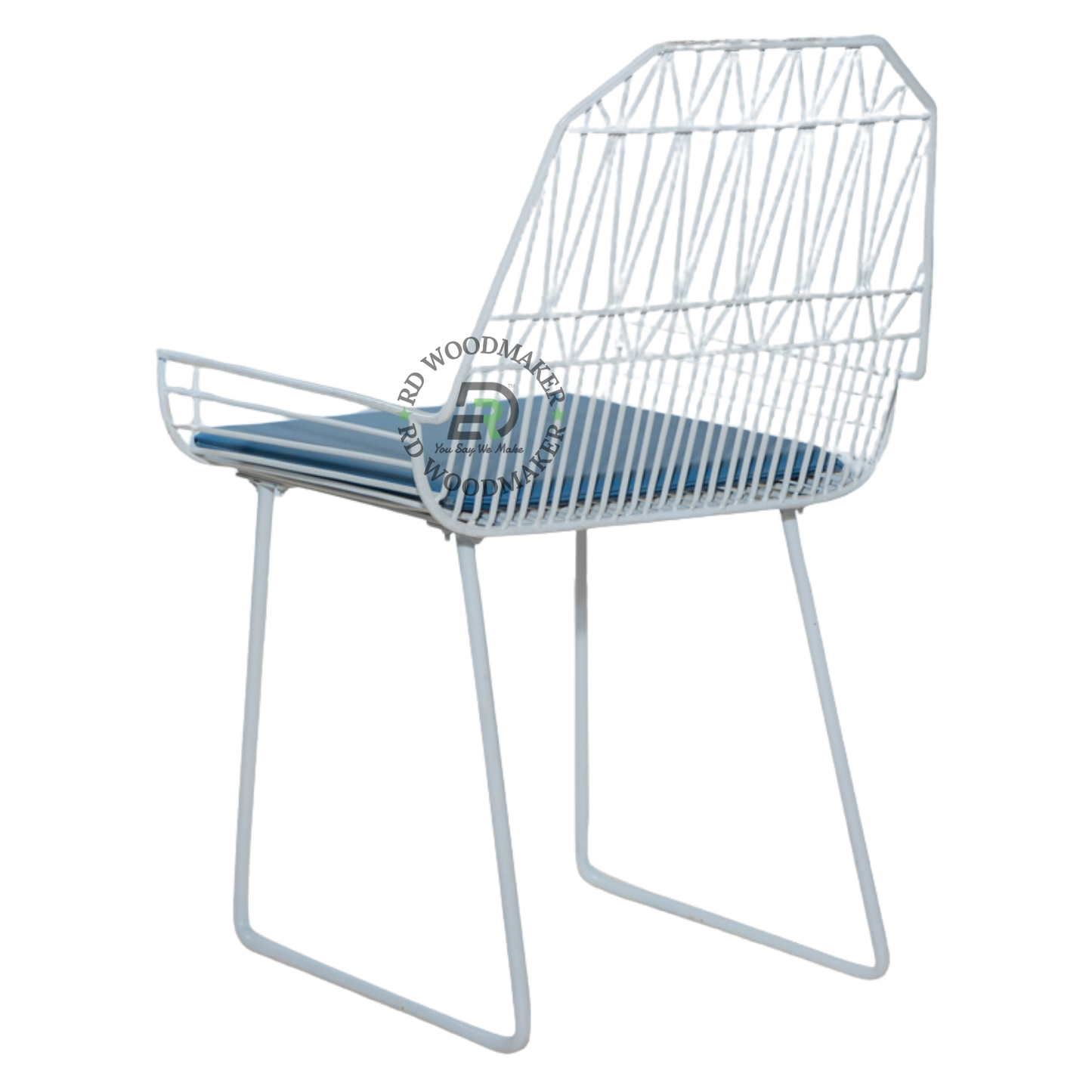 PREMIUM WHITE WIRE FRAME ARMCHAIR WITH BLUE CUSHION