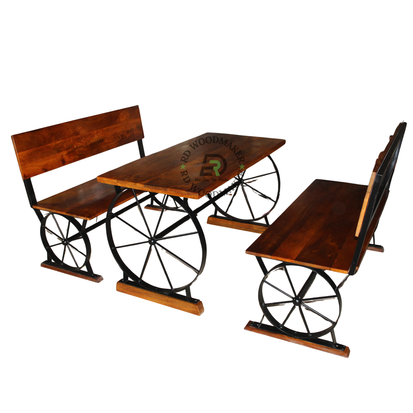 RUSTIC WAGON WHEEL WOODEN DINING SET