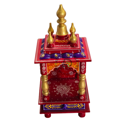 PREMIUM COMPACT HAND-PAINTED RED WOODEN HOME TEMPLE WITH OPEN SHRINE & STORAGE DRAWER