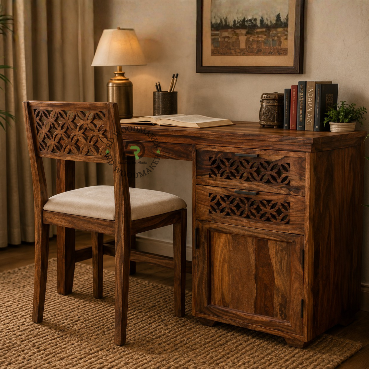PREMIUM SOLID WOOD STUDY DESK WITH STORAGE & CARVED BACK CHAIR SET