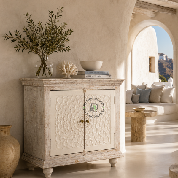HERITAGE HANDCARVED WHITE SOLID WOOD CABINET