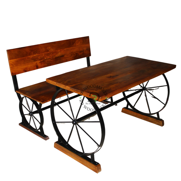 RUSTIC WAGON WHEEL WOODEN DINING SET