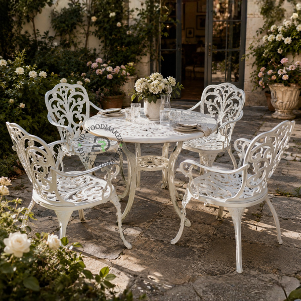 PREMIUM WHITE CAST METAL 4-SEATER GARDEN DINING SET