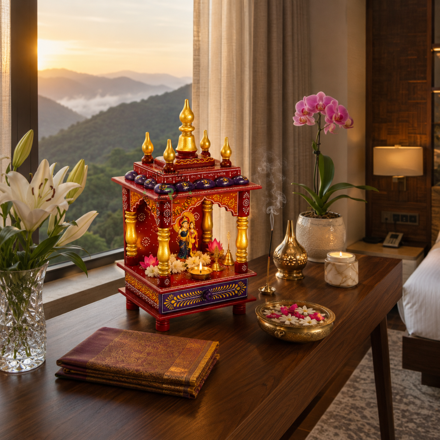 PREMIUM COMPACT HAND-PAINTED RED WOODEN HOME TEMPLE WITH OPEN SHRINE & STORAGE DRAWER
