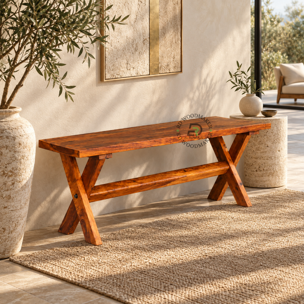 RUSTEN X-FRAME SOLID WOOD DINING BENCH