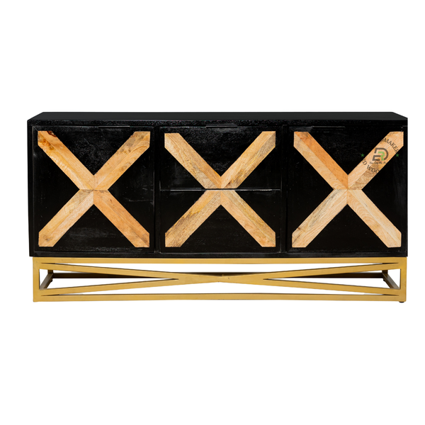 MODERN CROSS PATTERN SOLID WOOD TV UNIT WITH STORAGE