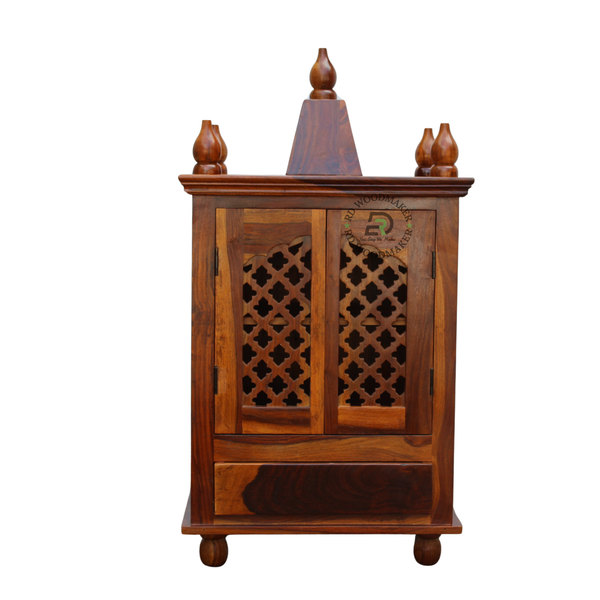 PREMIUM NATURAL WOODEN HOME TEMPLE CABINET WITH JALI DOUBLE DOORS & STORAGE DRAWER
